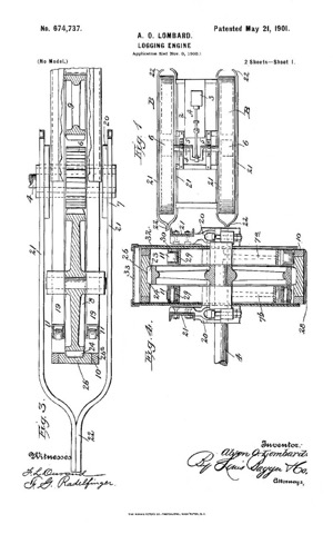 Patent drawing, sheet 1, of Alvin O. Lombard's "Logging Engine," US Patent No. 674,737, application filed November 9, 1900, patented May 21, 1901.