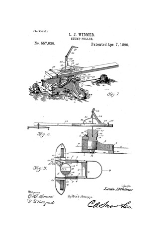 Patent drawing for a capstan stump puller, U.S. Patent No. 557,630, granted to Louis J. Widmer of Waco, Texas, April 7, 1896. Fig. 1 shows the machine at work between two stumps; Figs. 2 and 3 show a section and a plan v