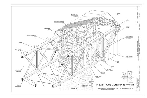 HAER measured drawing of the Howe truss in the Knights Ferry covered bridge over the Stanislaus River, Knights Ferry, California, drawn in 2011, with chords, diagonal braces, iron tension rods and wedges labeled.